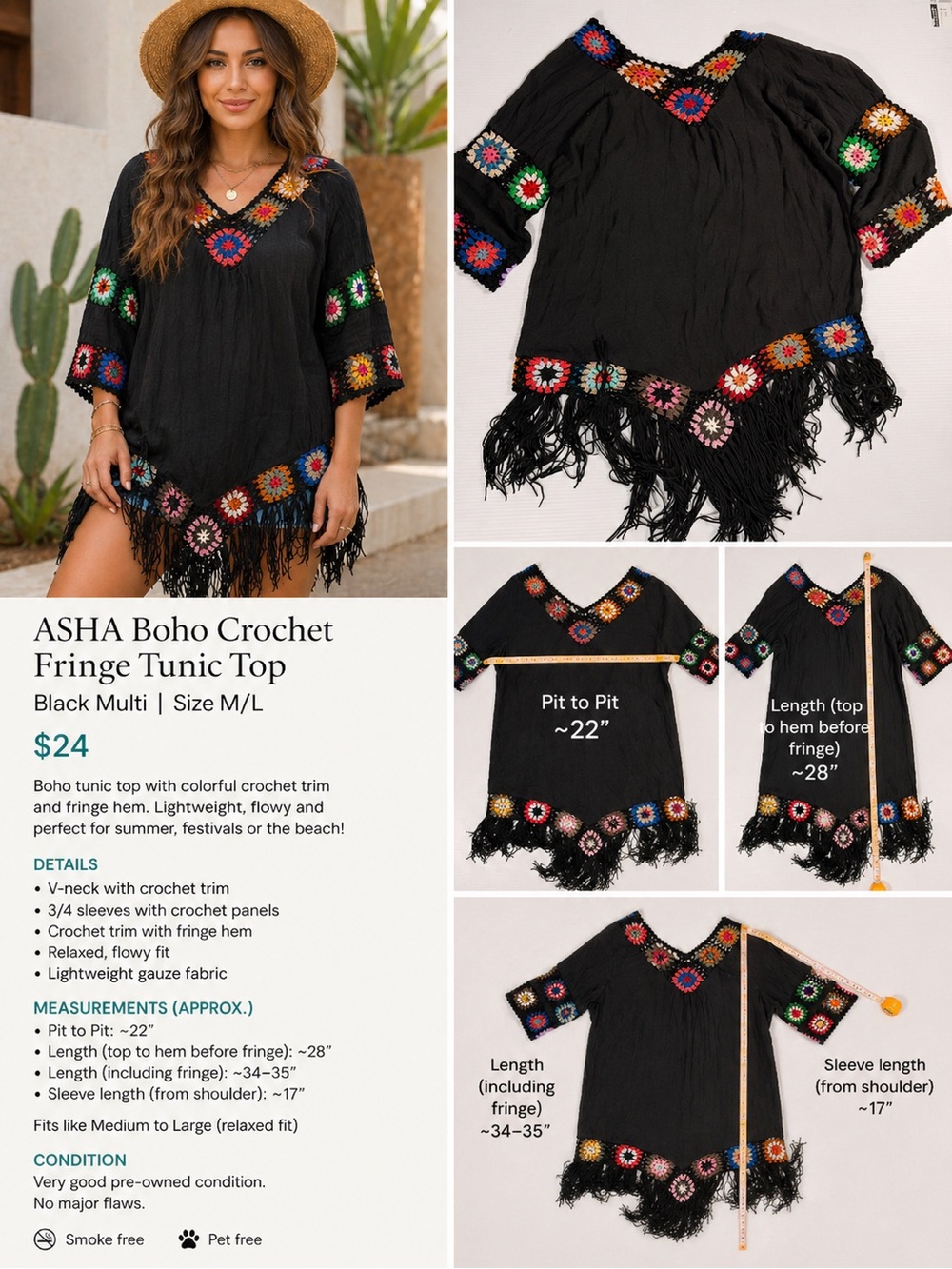 ASHA Boho Crochet Trim Fringe Tunic Top | Black Multi | Size M/L